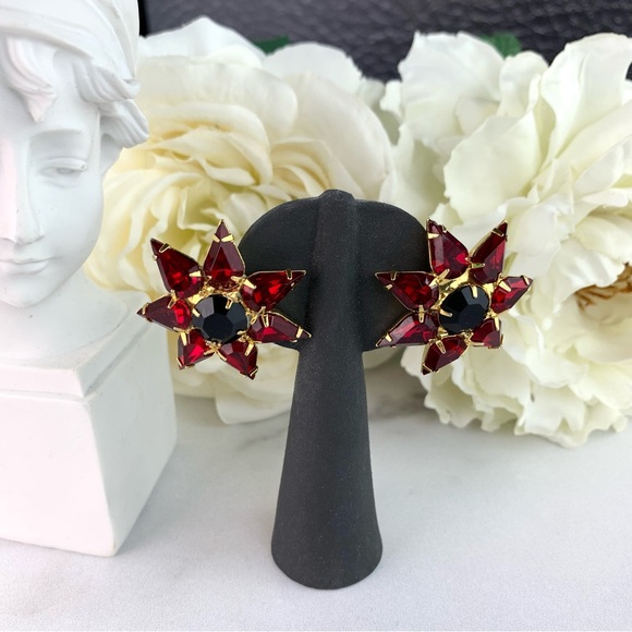 Vintage Gold Tone Starburst Bloody Red Rhinestone Large Earrings - Picture 1 of 14
